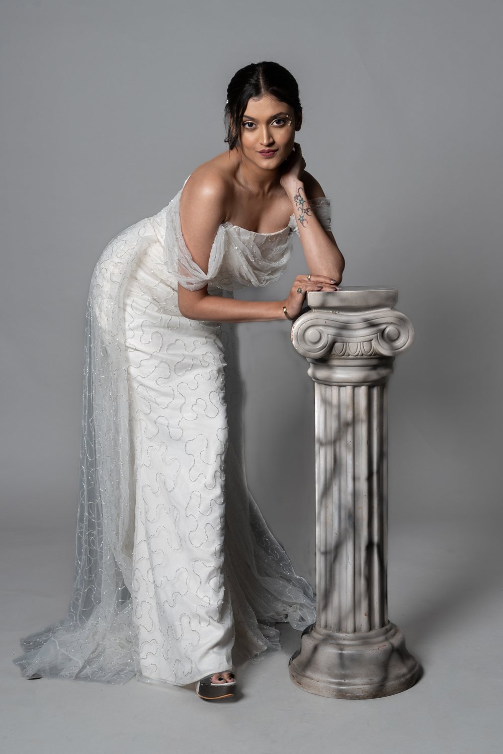 Flaired Drop Shoulder Net Gown, side view
