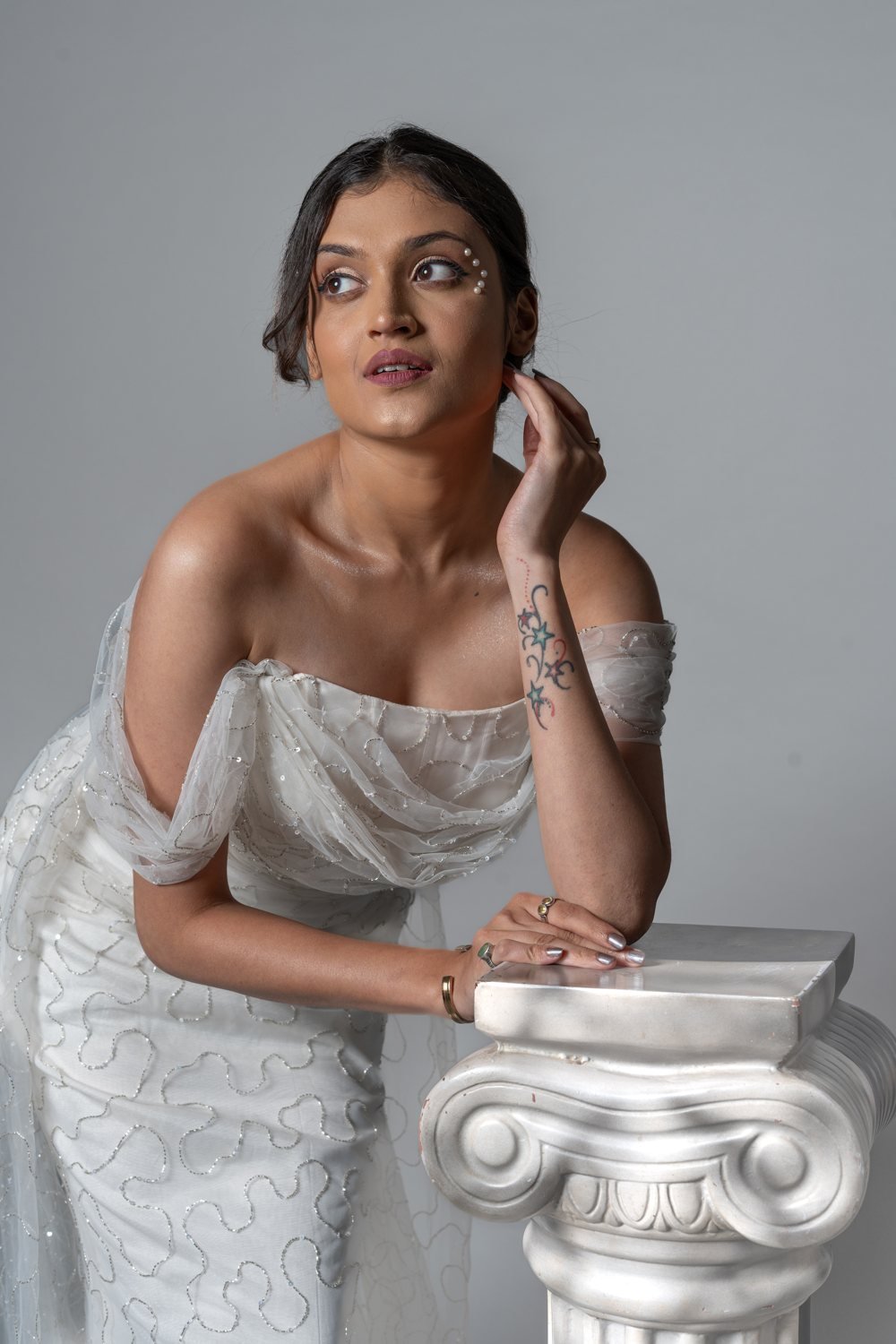 Flaired Drop Shoulder Net Gown, back view
