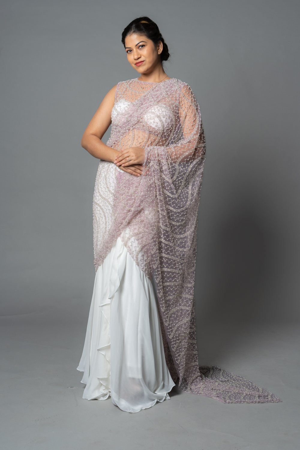 Skirt Saree with Embroidered Net, back view